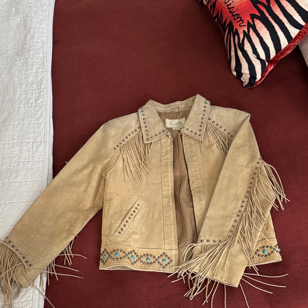 Scully Beige Fringe Leather Jacket with Turquoise Stud Accents